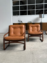 IKEA „BADEN“ BAMBOO COGNAC LEATHER SEATING GROUP 2 ARMCHAIRS, SOFA & COFFEE TABLE, SWEDEN 1970s