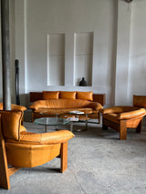 BRAZILIAN DESIGN BRUTALIST SEATING GROUP LEATHER OAK, 1970s