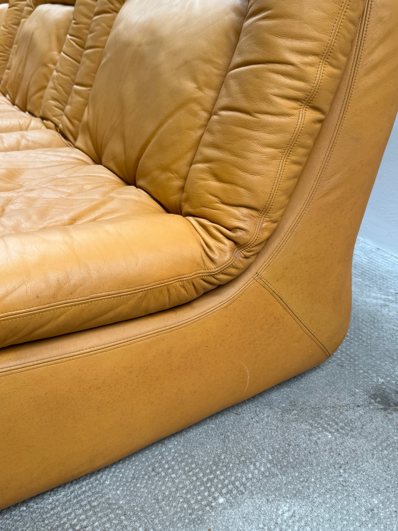 DREIPUNKT MODULAR SECTIONAL SOFA ARMCHAIRS LEATHER YELLOW, GERMANY 1970s