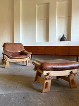 MAISON REGAIN ARMCHAIR, 2-SEATER & OTTOMAN SET LEATHER OAK WOOD, FRANCE 1960s