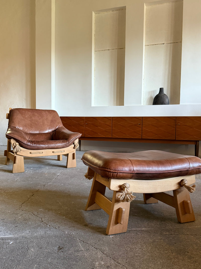 MAISON REGAIN ARMCHAIR, 2-SEATER & OTTOMAN SET LEATHER OAK WOOD, FRANCE 1960s