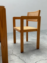 DERK JAN DE VRIES FOR MAISA DE SEVESO DINING TABLE & 4 CHAIRS SET ASH WOOD RATTAN, ITALY 1970S