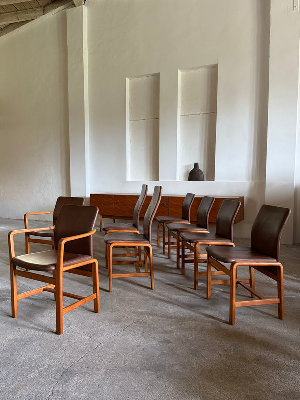 L. OLSEN & SØNS MØBELFABRIK TEAK LEATHER DINING CHAIRS, DENMARK 1960s