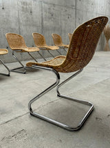 SET OF 6 RATTAN CANE CANTILEVER CHAIRS WITH CHROMED TUBULAR STEEL FRAME, ITALY 1970s
