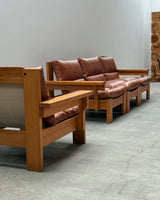 MODULAR ARMCHAIR SOFA SET SOLID PINE COGNAC LEATHER, SCANDINAVIA 1970s