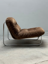 BROWN SUEDE & CANVAS LOUNGE CHAIRS IN CHROMED STEEL FRAME & COFFEE TABLE, 1960s