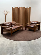 ROLF BENZ ARMCHAIR & SOFA SET OAK BROWN SADDLE LEATHER, GERMANY 1970s