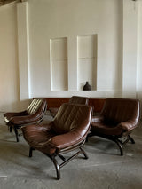 SET OF 2 BAMBOO BROWN LEATHER ARMCHAIRS & COFFEE TABLES, ITALY 1970s