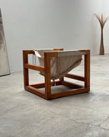 HEINZ WITTHOEFT „TAIL 4“ SCULPTURAL LOUNGE CHAIR, PINE WOOD CANVAS LEATHER, GERMANY 1950s