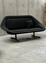 EXTRAORDINARY SEATING GROUP 2x SWIVEL CHAIR & 2-SEATER SOFA BLACK WOVEN FABRIC, 1960s