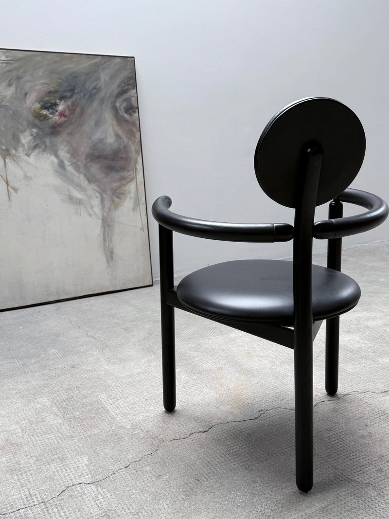 4 VICO MAGISTRETTI „PAN“ CHAIRS FOR ROSENTHAL ASH WOOD & BLACK LEATHER, 1980s