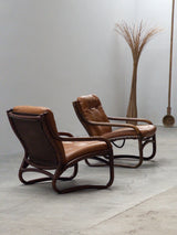 IKEA „BADEN“ BAMBOO LEATHER SEATING ENSEMBLE 2 ARMCHAIRS & SOFA, SWEDEN 1970s