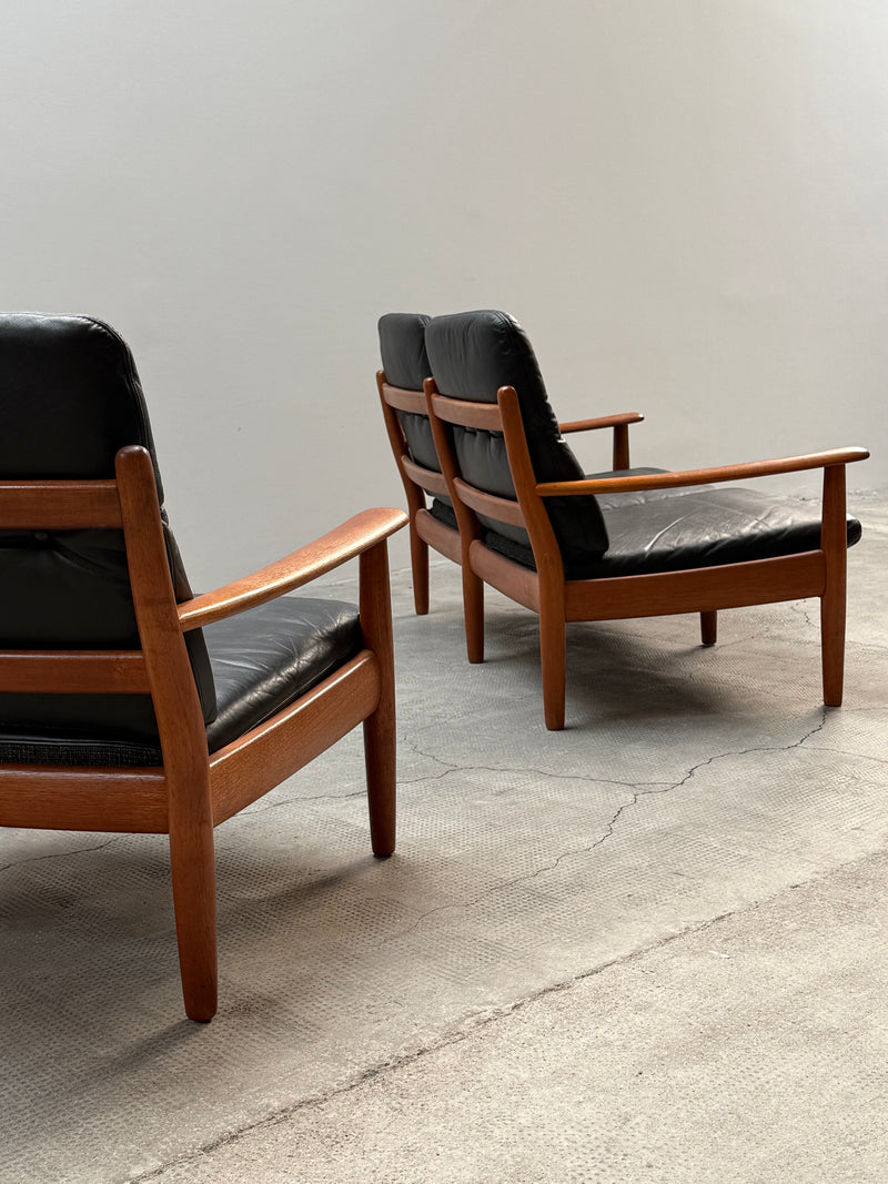 WILHELM KNOLL TEAK WOOD LEATHER BLACK ARMCHAIRS & 2-SEATER SOFA, GERMANY 1960s