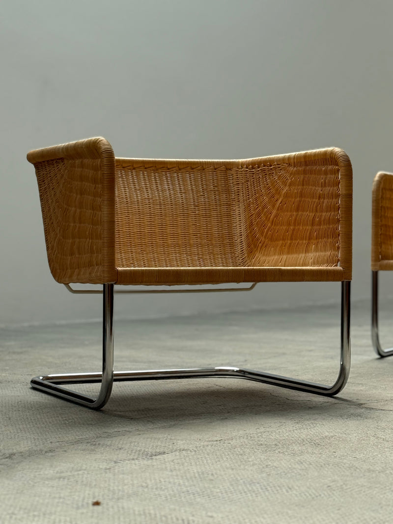 WILLIAM DUNKEL FOR TECTA „D44“ KRAGSTUHL CANTILEVER ARMCHAIRS RATTAN CHROME, GERMANY 1960s