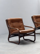 IKEA „BADEN“ BAMBOO LEATHER SEATING ENSEMBLE 2 ARMCHAIRS & SOFA, SWEDEN 1970s