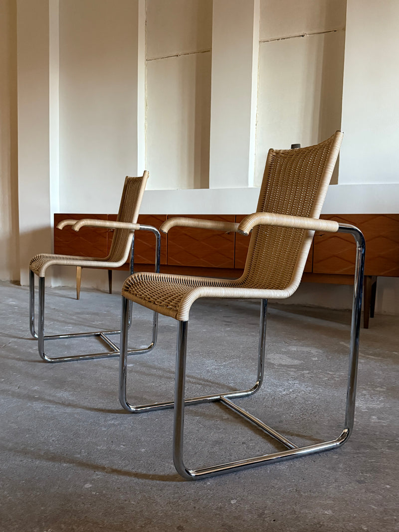 SET OF 2 TECTA D20 RATTAN TUBULAR STEEL CANTILEVER CHAIRS, GERMANY 1980s