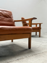 WILHELM KNOLL OAK WOOD COGNAC LEATHER ARMCHAIRS, GERMANY 1970s