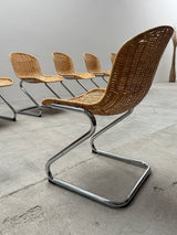 SET OF 6 GASTONE RINALDI RATTAN CANE CANTILEVER DINING CHAIRS WITH CHROMED TUBULAR STEEL FRAME, ITALY 1960s