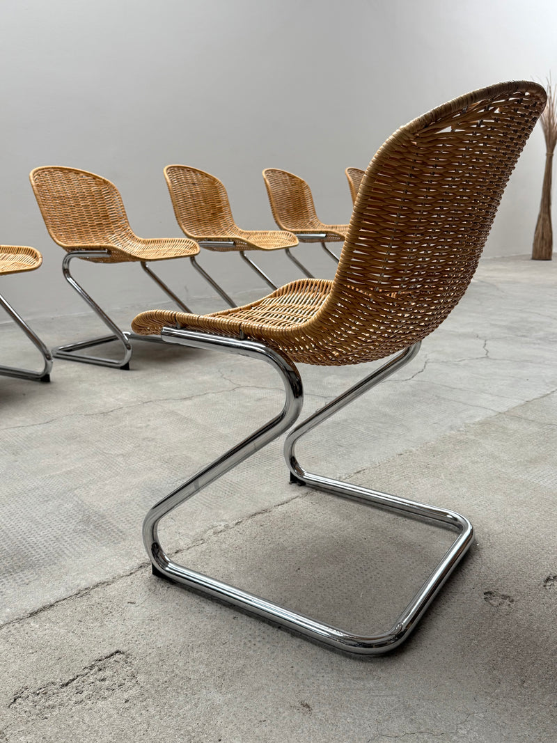 SET OF 6 GASTONE RINALDI RATTAN CANE CANTILEVER DINING CHAIRS WITH CHROMED TUBULAR STEEL FRAME, ITALY 1960s