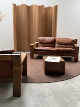 ROLF BENZ ARMCHAIR & SOFA SET OAK BROWN SADDLE LEATHER, GERMANY 1970s