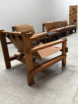 CARL STRAUB MODULAR SEATING GROUP ARMCHAIR COFFEE TABLE IM SOLID PINE WOOD, COGNAC LEATHER, GERMANY 1960s