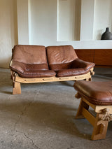 MAISON REGAIN ARMCHAIR, 2-SEATER & OTTOMAN SET LEATHER OAK WOOD, FRANCE 1960s