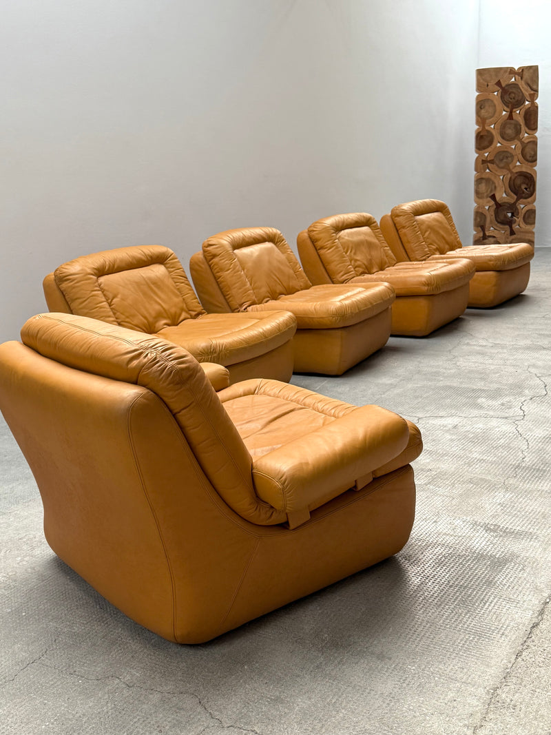 DREIPUNKT MODULAR SECTIONAL SOFA ARMCHAIRS LEATHER YELLOW, GERMANY 1970s