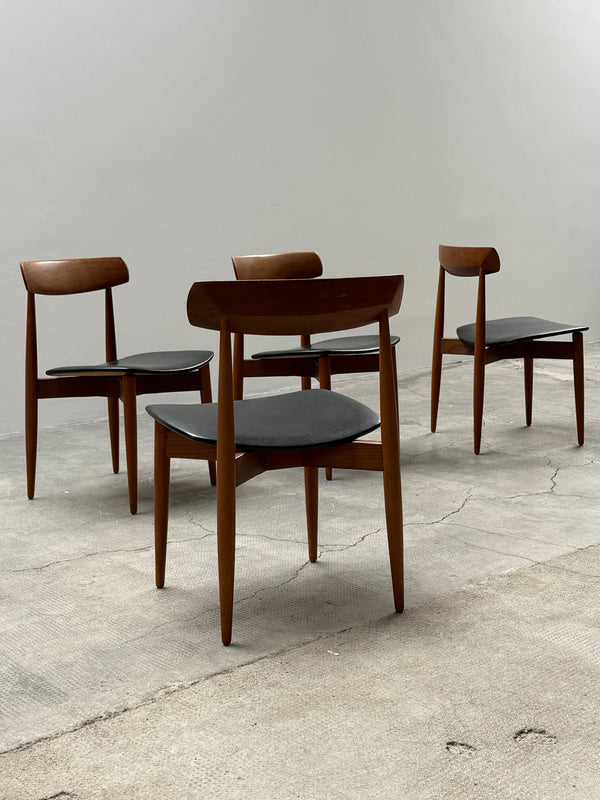 SET OF 4 H.W. KLEIN FOR BRAMIN TEAK WOOD BLACK LEATHER DINING CHAIRS, DENMARK 1960s