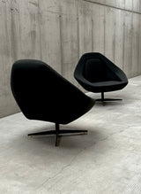 EXTRAORDINARY SEATING GROUP 2x SWIVEL CHAIR & 2-SEATER SOFA BLACK WOVEN FABRIC, 1960s