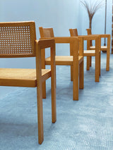 DERK JAN DE VRIES FOR MAISA DE SEVESO DINING TABLE & 4 CHAIRS SET ASH WOOD RATTAN, ITALY 1970S