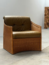 SET OF 2 RATTAN ARMCHAIRS WITH GREEN LEATHER CUSHIONS, FRANCE 1960s