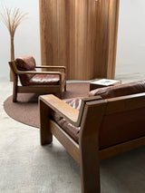 ROLF BENZ ARMCHAIR & SOFA SET OAK BROWN SADDLE LEATHER, GERMANY 1970s