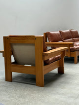 MODULAR ARMCHAIR SOFA SET SOLID PINE COGNAC LEATHER, SCANDINAVIA 1970s