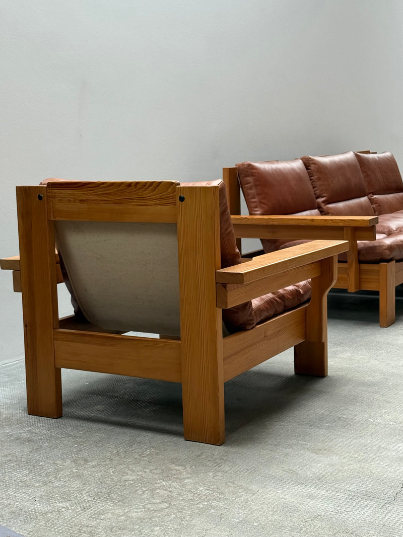 MODULAR ARMCHAIR SOFA SET SOLID PINE COGNAC LEATHER, SCANDINAVIA 1970s