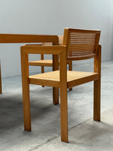 DERK JAN DE VRIES FOR MAISA DE SEVESO DINING TABLE & 4 CHAIRS SET ASH WOOD RATTAN, ITALY 1970S