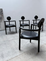 4 VICO MAGISTRETTI „PAN“ CHAIRS FOR ROSENTHAL ASH WOOD & BLACK LEATHER, 1980s