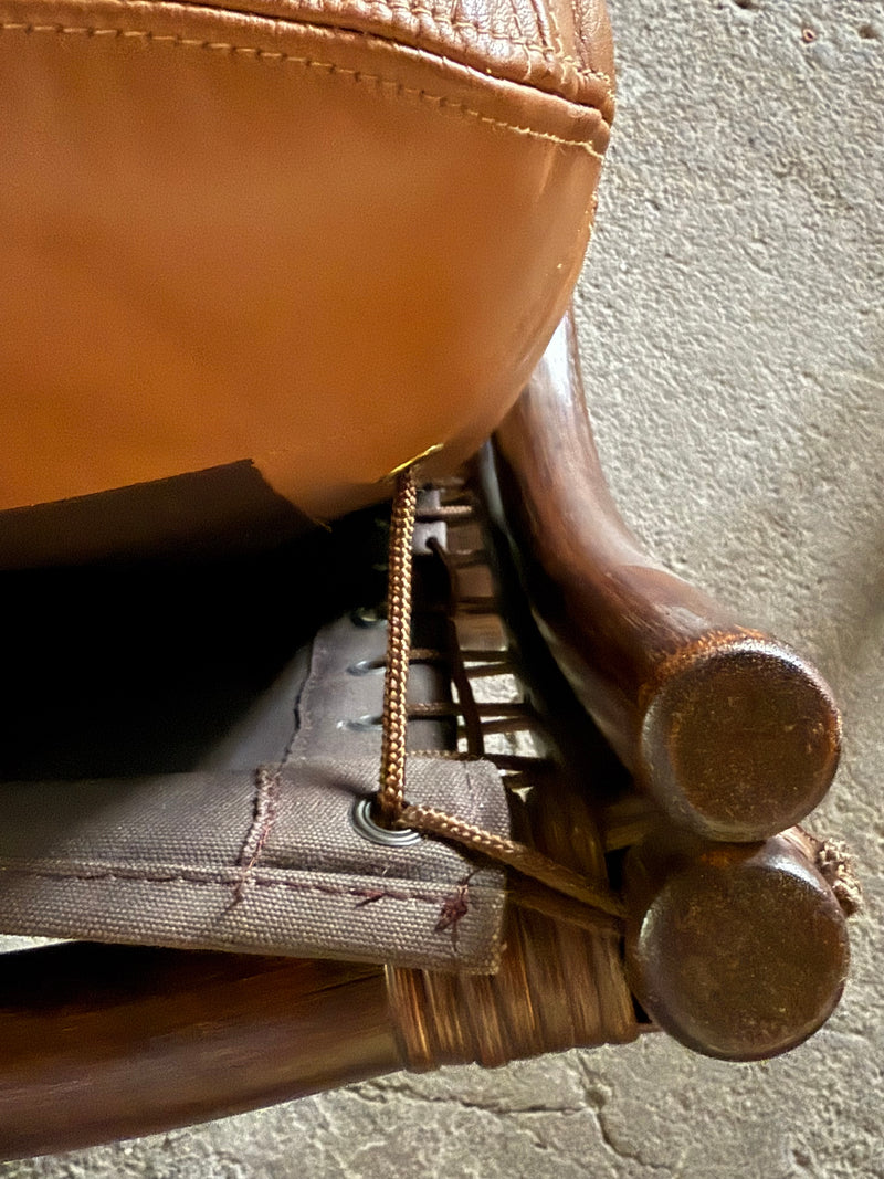 IKEA „BADEN“ BAMBOO COGNAC LEATHER SEATING GROUP 2 ARMCHAIRS, SOFA & COFFEE TABLE, SWEDEN 1970s