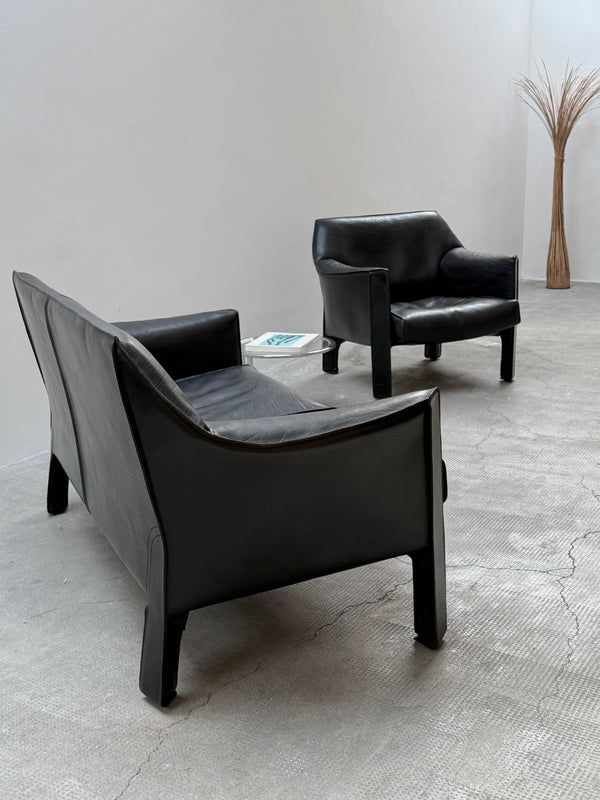 MARIO BELLINI FOR CASSINA CAB 415 ARMCHAIR & SOFA SADDLE LEATHER BLACK, ITALY 1980s