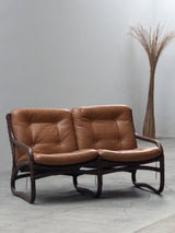IKEA „BADEN“ BAMBOO LEATHER SEATING ENSEMBLE 2 ARMCHAIRS & SOFA, SWEDEN 1970s