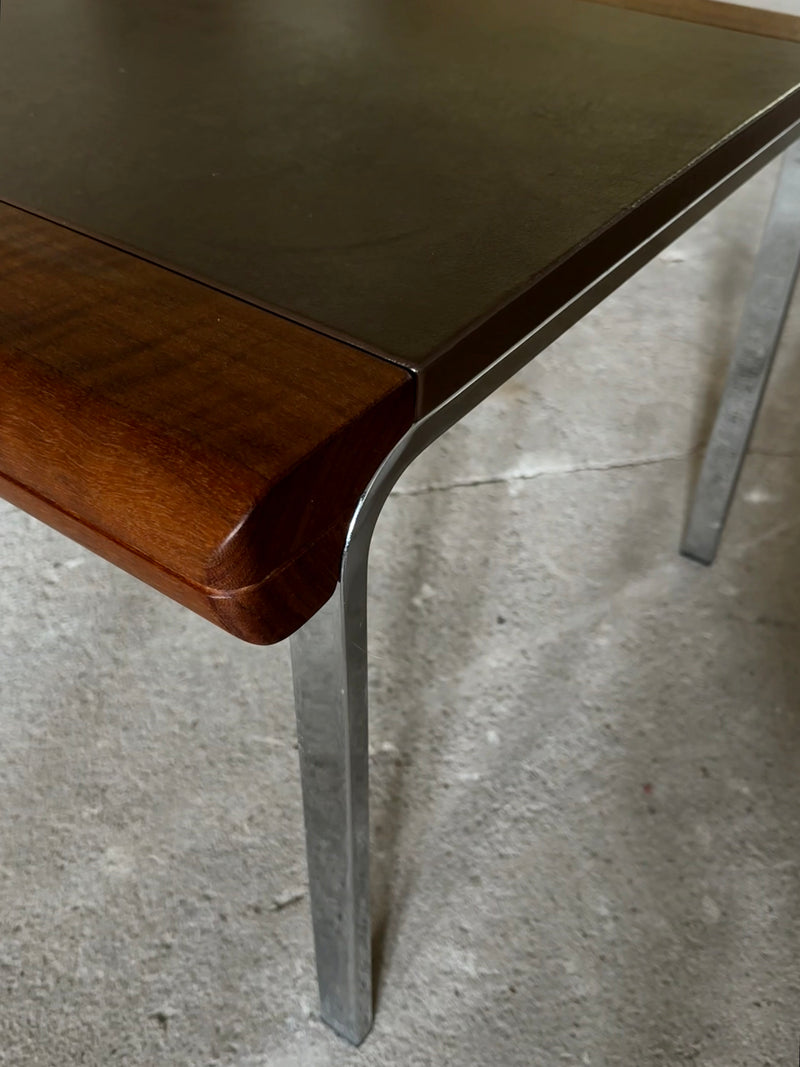 SET OF 2 GIRSBERGER EUROCHAIR ARMCHAIRS BROWN LEATHER CHROMED STEEL & COFFEE TABLE, GERMANY 1970s