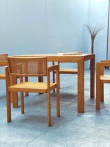 DERK JAN DE VRIES FOR MAISA DE SEVESO DINING TABLE & 4 CHAIRS SET ASH WOOD RATTAN, ITALY 1970S