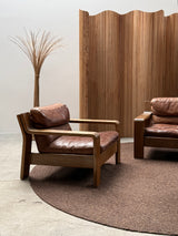 ROLF BENZ ARMCHAIR & SOFA SET OAK BROWN SADDLE LEATHER, GERMANY 1970s