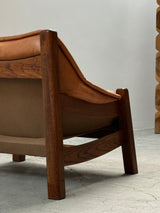BRAZILIAN DESIGN ARMCHAIR & SOFA  OAK WOOD CAMEL LEATHER, 1970s