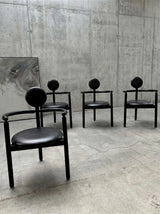 4 VICO MAGISTRETTI „PAN“ CHAIRS FOR ROSENTHAL ASH WOOD & BLACK LEATHER, 1980s