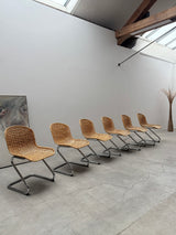 SET OF 6 GASTONE RINALDI RATTAN CANE CANTILEVER DINING CHAIRS WITH CHROMED TUBULAR STEEL FRAME, ITALY 1960s