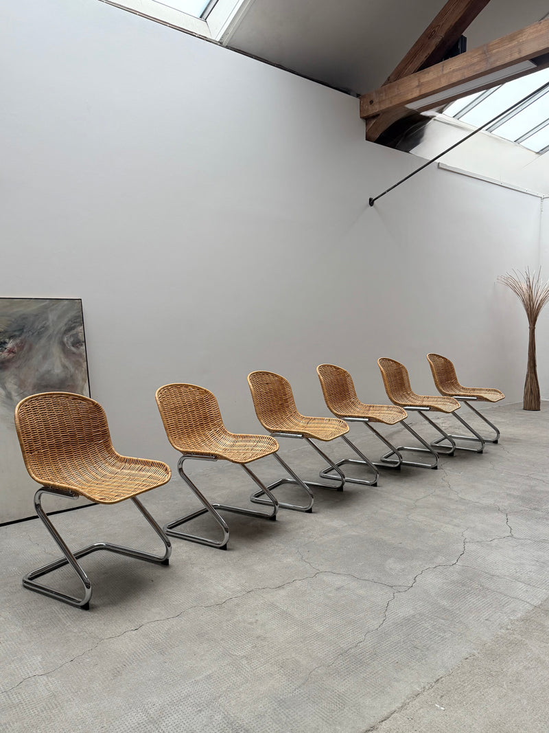 SET OF 6 GASTONE RINALDI RATTAN CANE CANTILEVER DINING CHAIRS WITH CHROMED TUBULAR STEEL FRAME, ITALY 1960s
