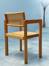 DERK JAN DE VRIES FOR MAISA DE SEVESO DINING TABLE & 4 CHAIRS SET ASH WOOD RATTAN, ITALY 1970S