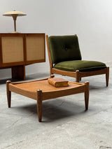 WILHELM KNOLL MODULAR ARMCHAIR COFFEE TABLE SET OAK GREEN VELVET CORDUROY, GERMANY 1960S
