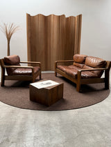 ROLF BENZ ARMCHAIR & SOFA SET OAK BROWN SADDLE LEATHER, GERMANY 1970s