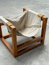 HEINZ WITTHOEFT „TAIL 4“ SCULPTURAL LOUNGE CHAIR, PINE WOOD CANVAS LEATHER, GERMANY 1950s